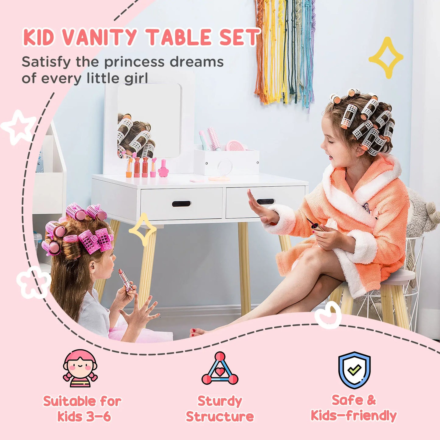 Kids Vanity Set With Mirror, Stool, Drawers, White Kids Bedroom Furniture at Gallery Canada