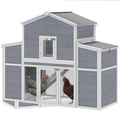 66.5" Large Chicken Coop, Wooden House, 2 Nesting Boxes, Sliding Tray, Ramp Chicken Coops Grey, White, Black at Gallery Canada