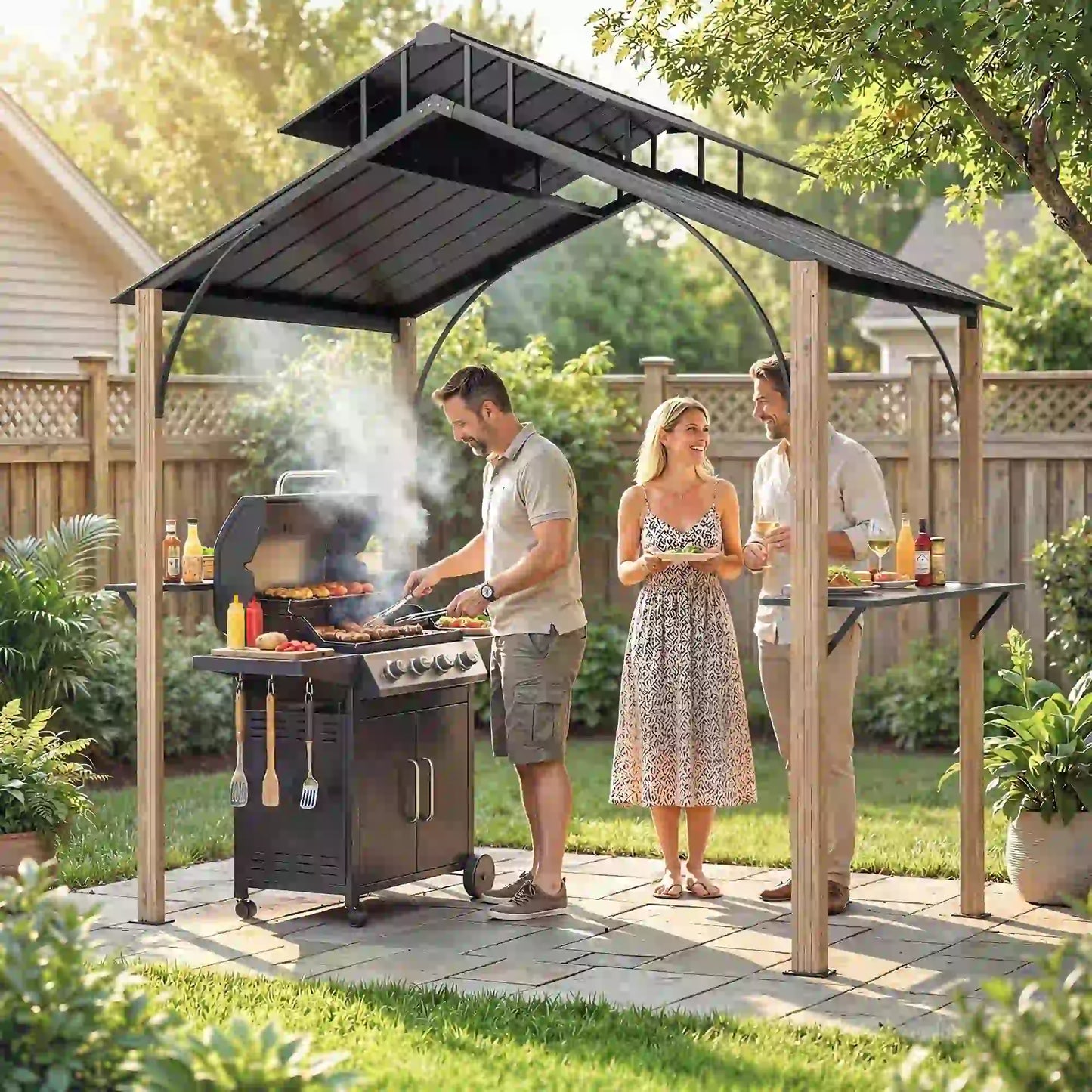 8 x 6ft Hardtop Grill Gazebo, Metal Double Roof, Wood-Grain Aluminum Frame BBQ Grill Gazebos at Gallery Canada