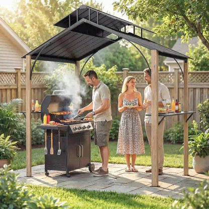 8 x 6ft Hardtop Grill Gazebo, Metal Double Roof, Wood-Grain Aluminum Frame BBQ Grill Gazebos at Gallery Canada