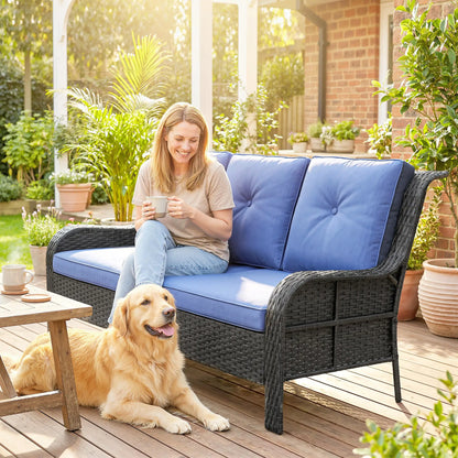 3 Seater Wicker Patio Sofa With Cushions, Deep Blue Patio Furniture Sets at Gallery Canada