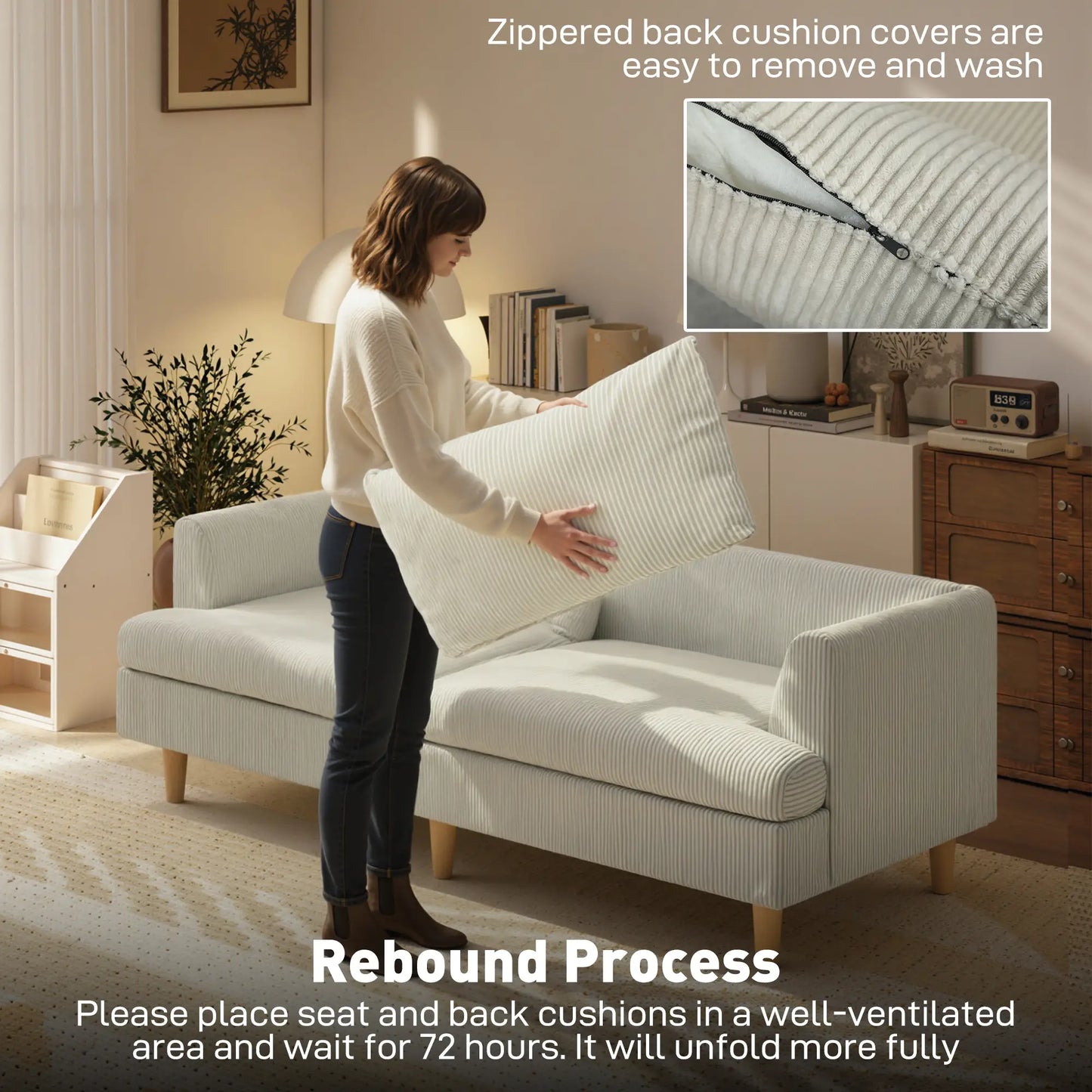 3 Seater Sofa, 74" Corduroy Couch, Solid Wood Legs, Beige 3-Seater Sofas at Gallery Canada