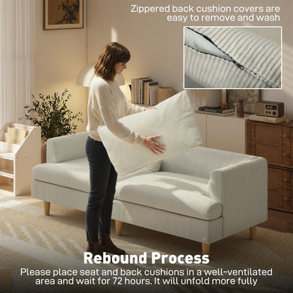 3 Seater Sofa, 74" Corduroy Couch, Solid Wood Legs, Beige 3-Seater Sofas at Gallery Canada