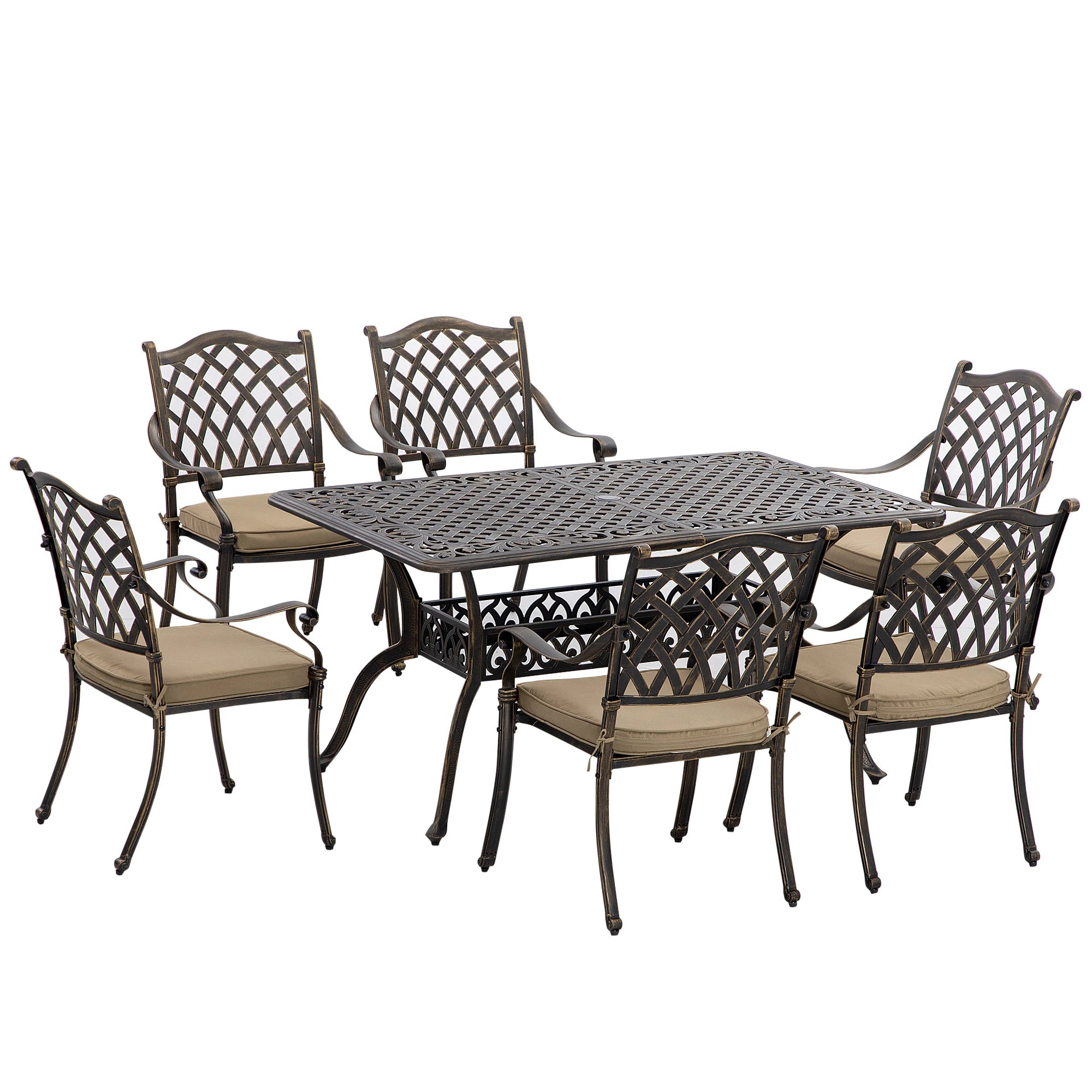7-Piece Patio Dining Set, Cast Aluminum, 6 Cushioned Chairs, Rectangle Table, Khaki Bistro Sets Bronze Tone, Khaki at Gallery Canada