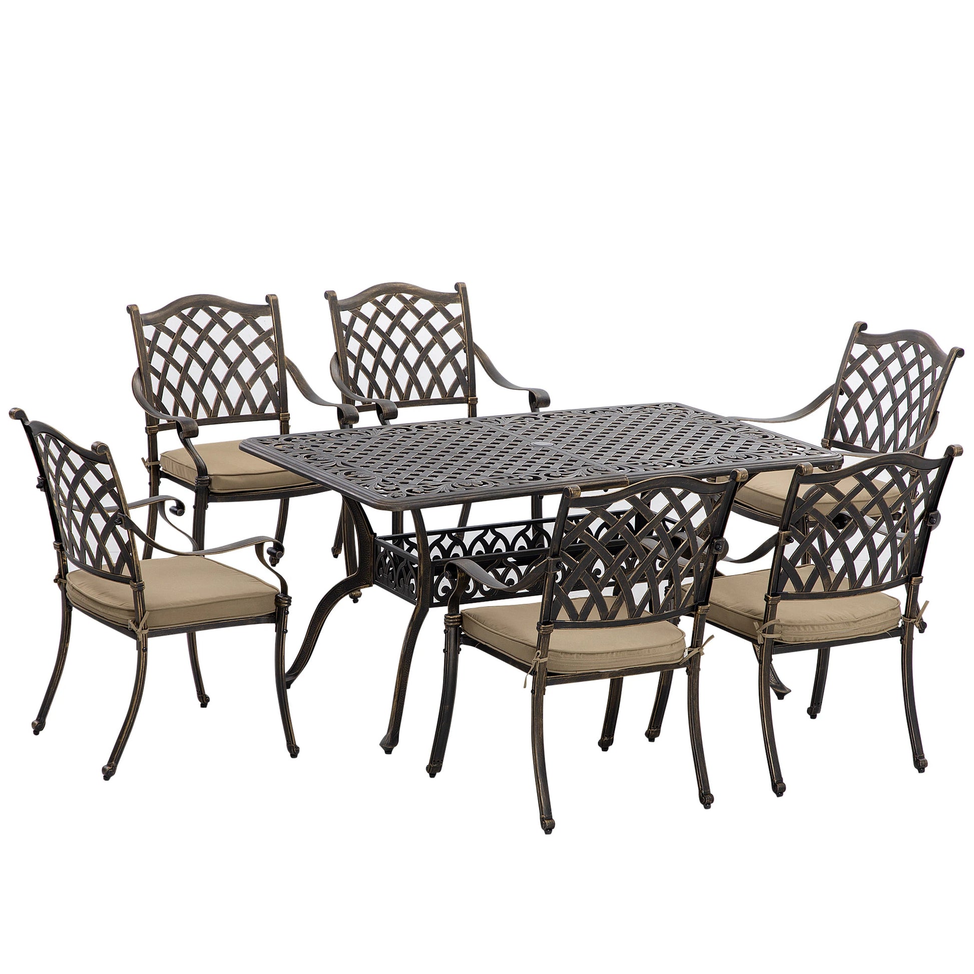 7-Piece Patio Dining Set, Cast Aluminum, 6 Cushioned Chairs, Rectangle Table, Khaki Bistro Sets Bronze Tone, Khaki at Gallery Canada