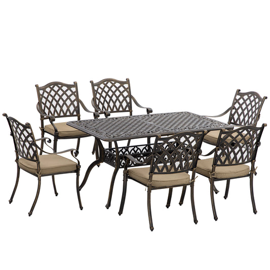 7-Piece Patio Dining Set, Cast Aluminum, 6 Cushioned Chairs, Rectangle Table, Khaki Bistro Sets Bronze Tone, Khaki at Gallery Canada