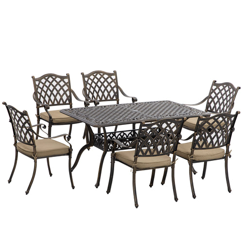 7-Piece Patio Dining Set, Cast Aluminum, 6 Cushioned Chairs, Rectangle Table, Khaki