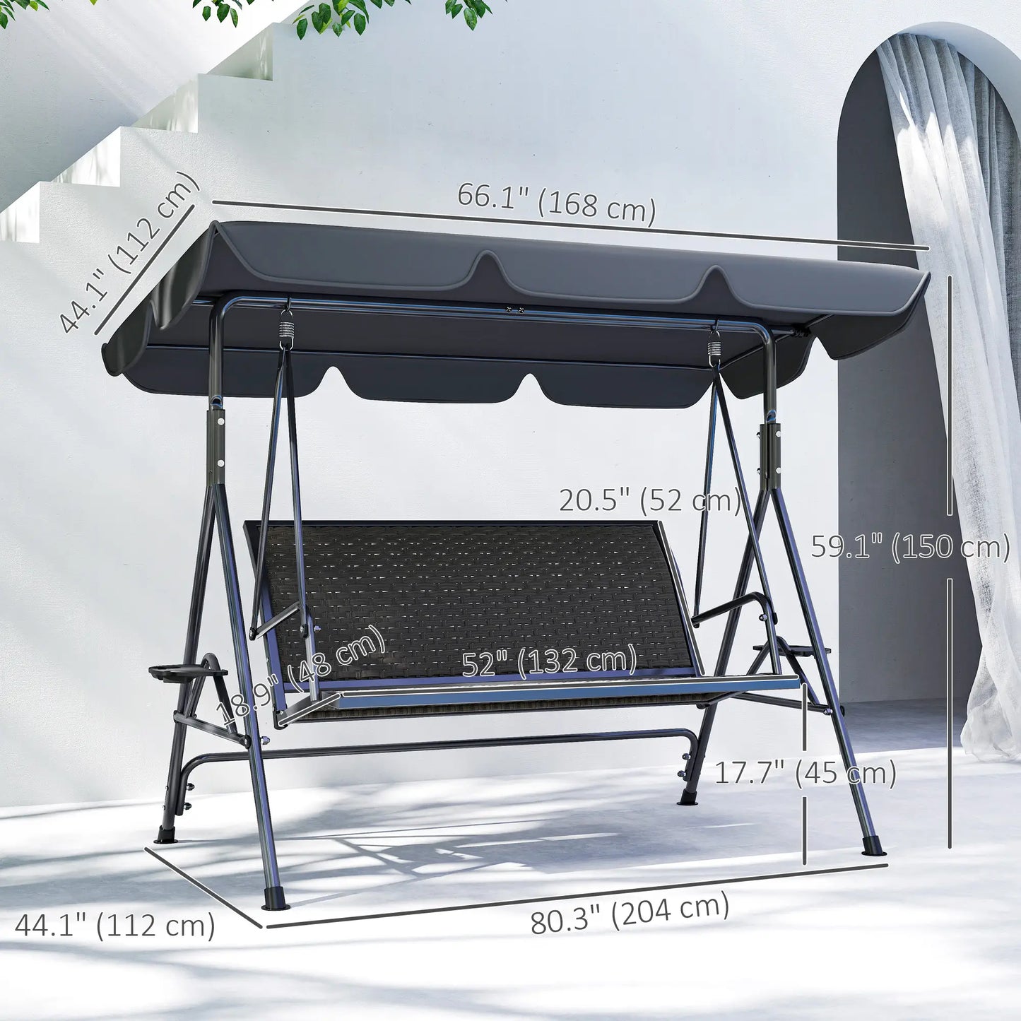 3-Seat Patio Swing Chair, Outdoor Canopy Swing Glider, Adjustable Shade, Grey Patio Swings with Stand at Gallery Canada