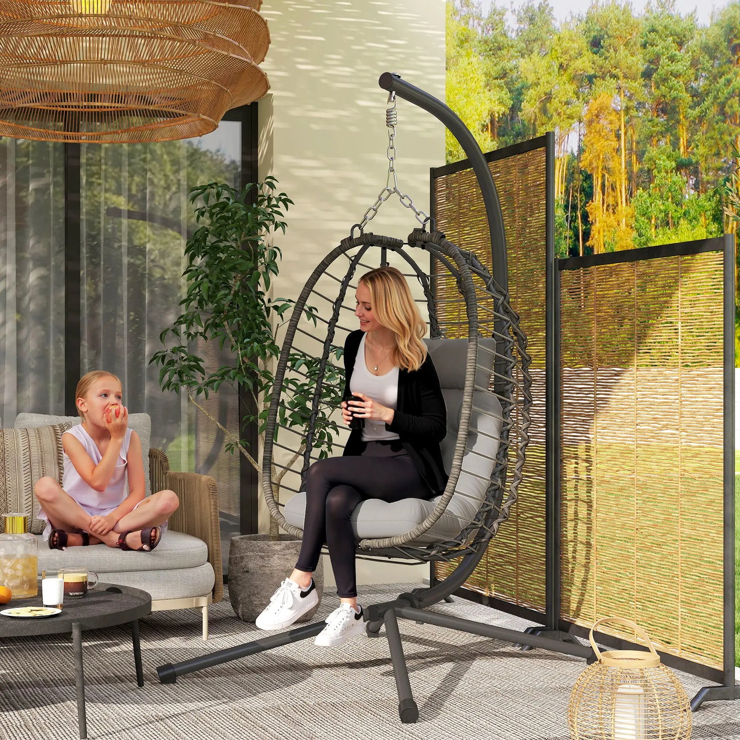 Hanging Egg Chair With Stand, Foldable Wicker Rattan Swing Chair, Light Grey Patio Chairs at Gallery Canada