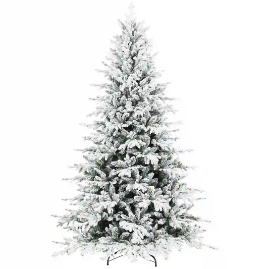 7ft Artificial Flocked Christmas Tree, Full Snow Pine, Hinged with Metal Stand Artificial Christmas Trees Green, White at Gallery Canada