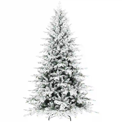 7ft Artificial Flocked Christmas Tree, Full Snow Pine, Hinged with Metal Stand
