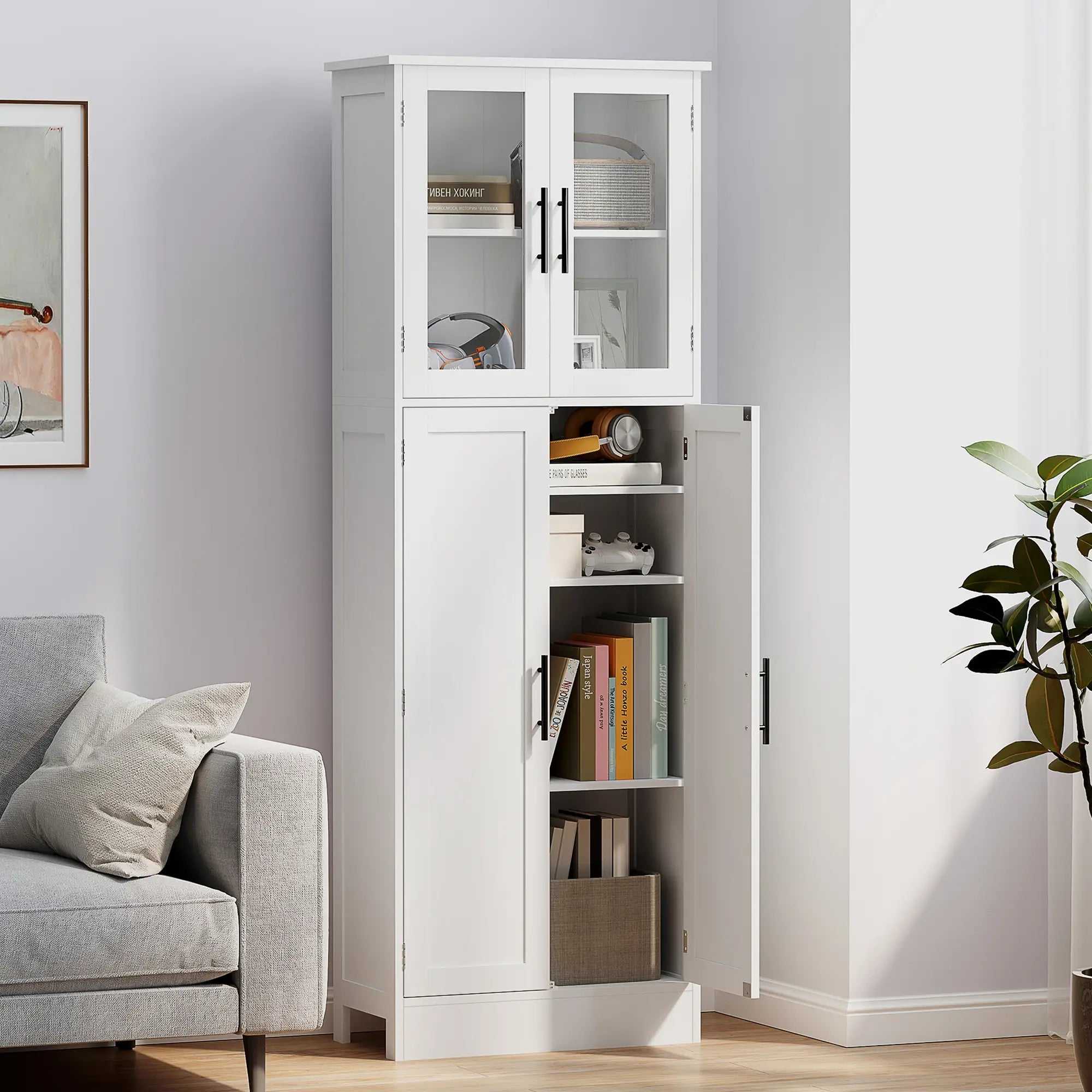 Tall Bathroom Cabinet, Glass Doors, Adjustable Shelves, White Freestanding Bathroom Cabinets at Gallery Canada