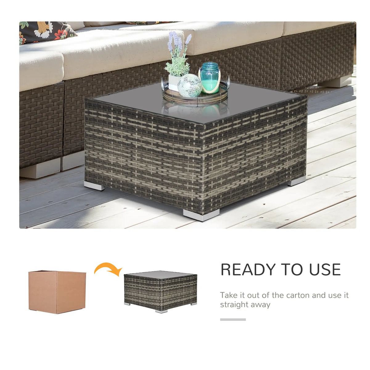 Rattan Coffee Table, 25.6" Square, Tempered Glass Top, Deep Grey Patio Side Tables at Gallery Canada