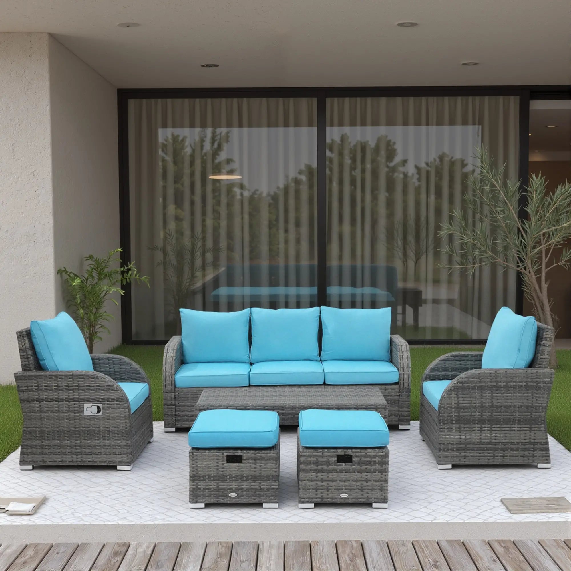 6-Piece Patio Furniture Set, Wicker Sectional Sofa, 2 Recliners, 2 Footstools, Table, Sky Blue Patio Furniture Sets at Gallery Canada