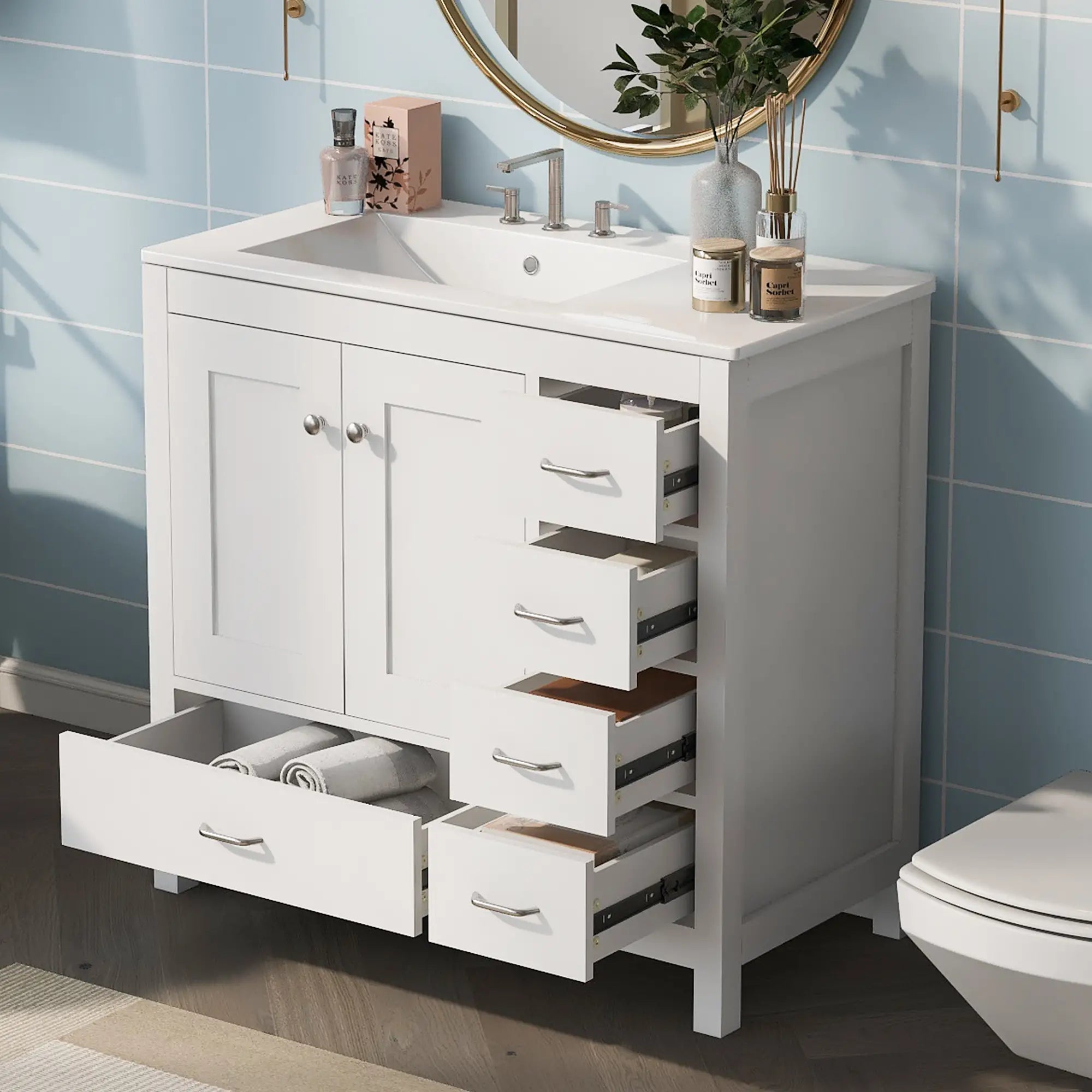 Bathroom Vanity, Ceramic Sink, 2 Soft Close Doors, 5 Drawers, 36