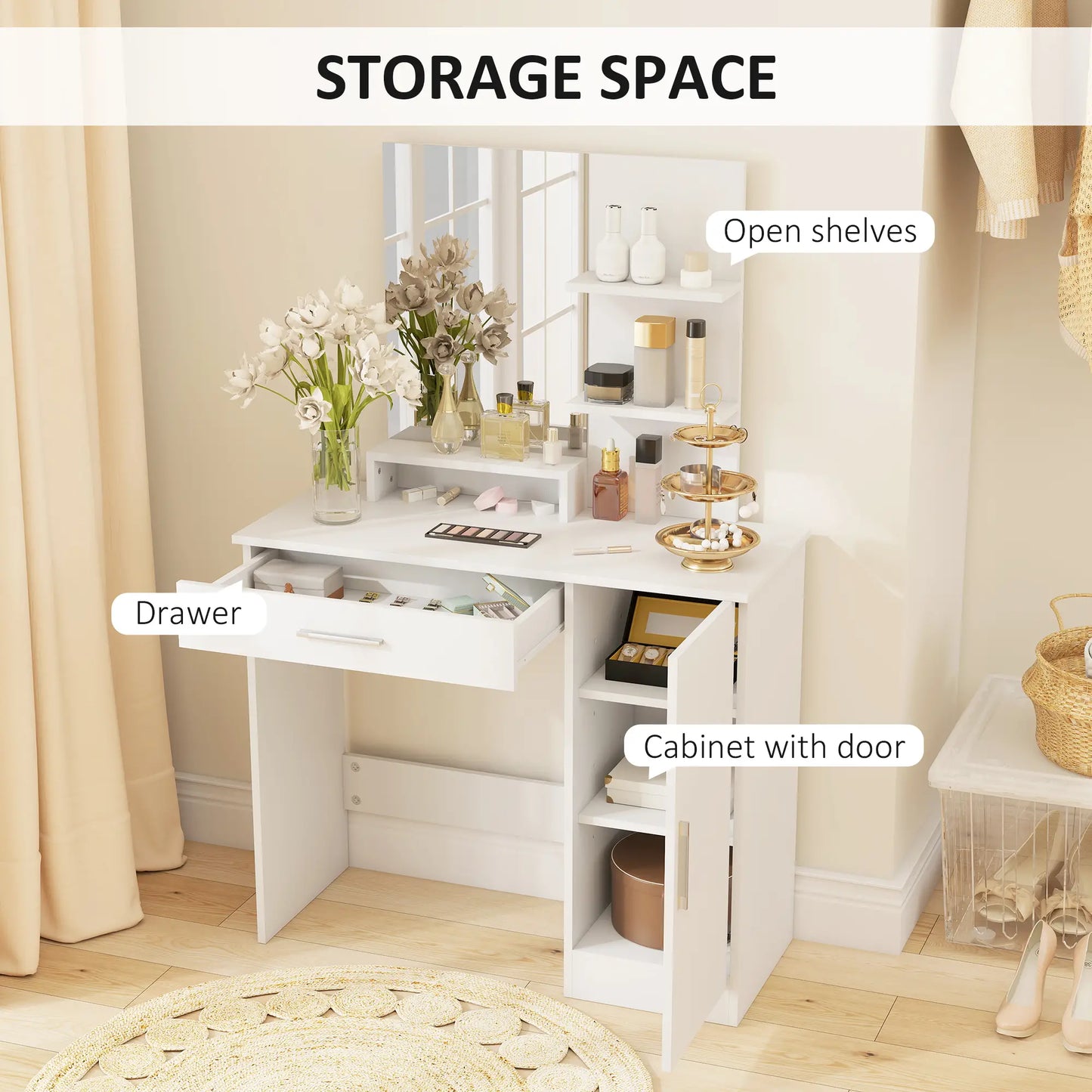 Vanity Desk With Mirror, Drawer, Shelves, Cabinet, Adjustable Shelves Dressing & Vanity Tables at Gallery Canada