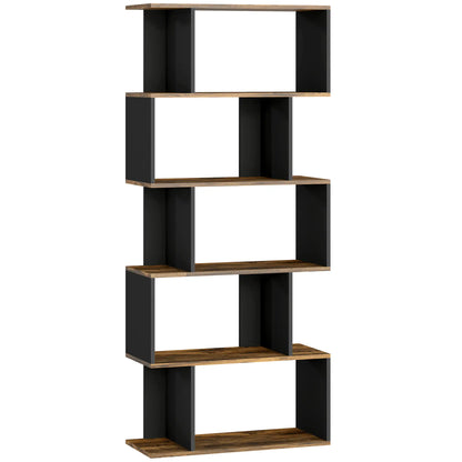 5 Tier Geometric S Shaped Bookcase, Tall Narrow Display Shelf, Rustic Brown Display Bookshelves at Gallery Canada