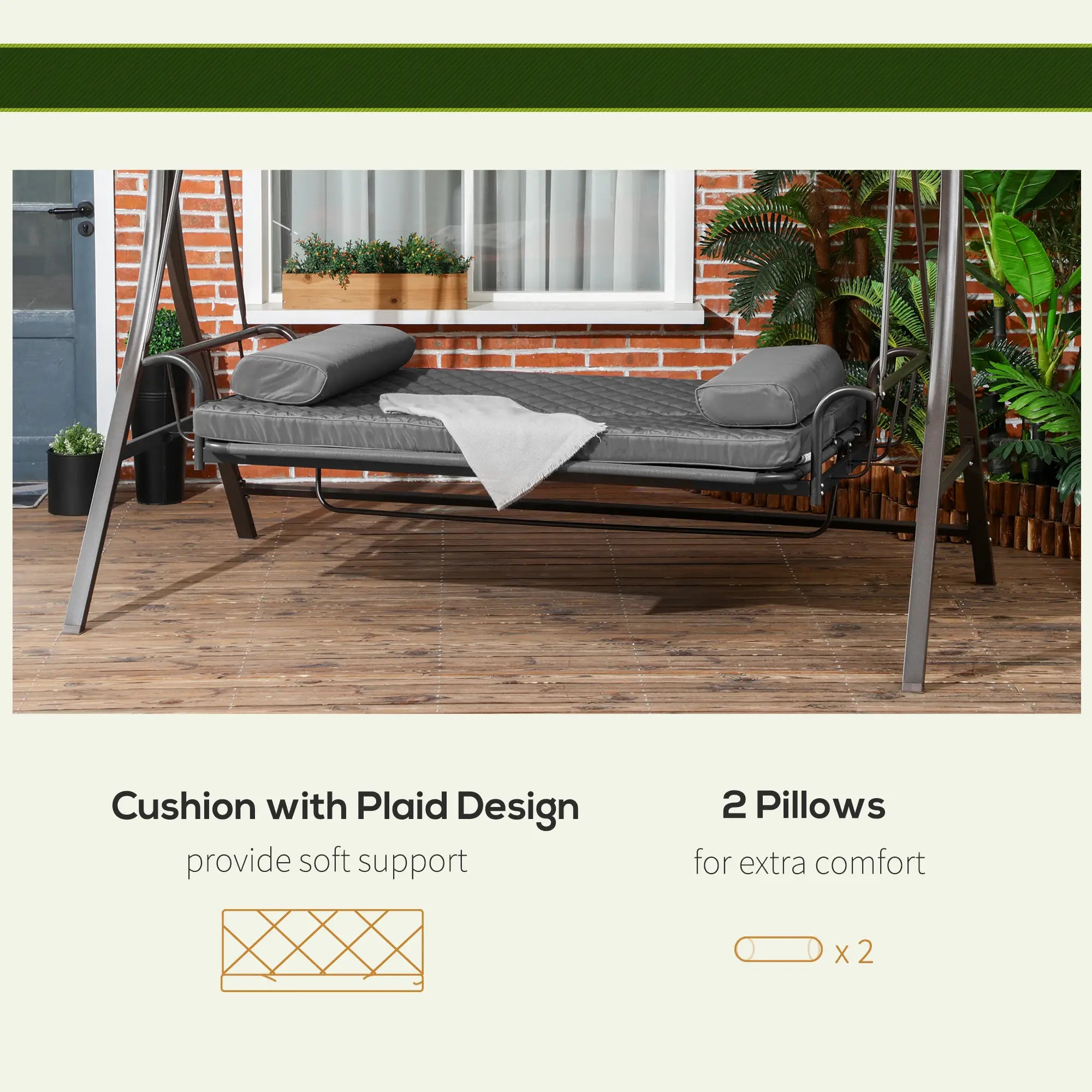 3 Person Porch Swing Bench, Adjustable Canopy, Cushions, Pillows, Dark Grey Porch Swings with Canopy at Gallery Canada