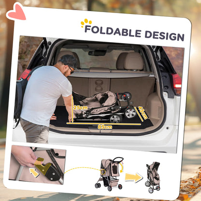 4 Wheel Dog Pet Stroller, Folding Sunshade Canopy, Brake, Safety Leash, Cup Holder, Brown Dog Bike Trailers & Strollers at Gallery Canada