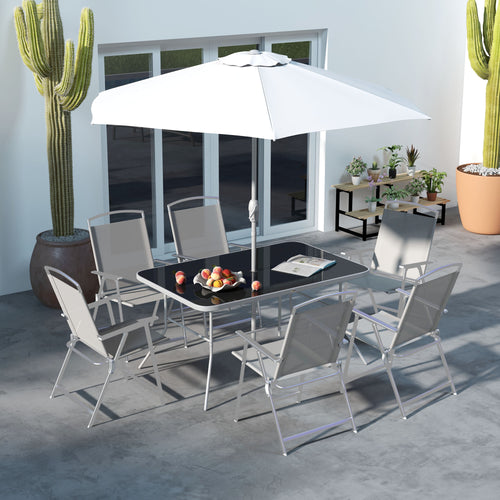 8 Piece Patio Set with Umbrella, 6 Folding Chairs, Rectangle Table, Outdoor Dining Set for 6 with Mesh Seat, Grey