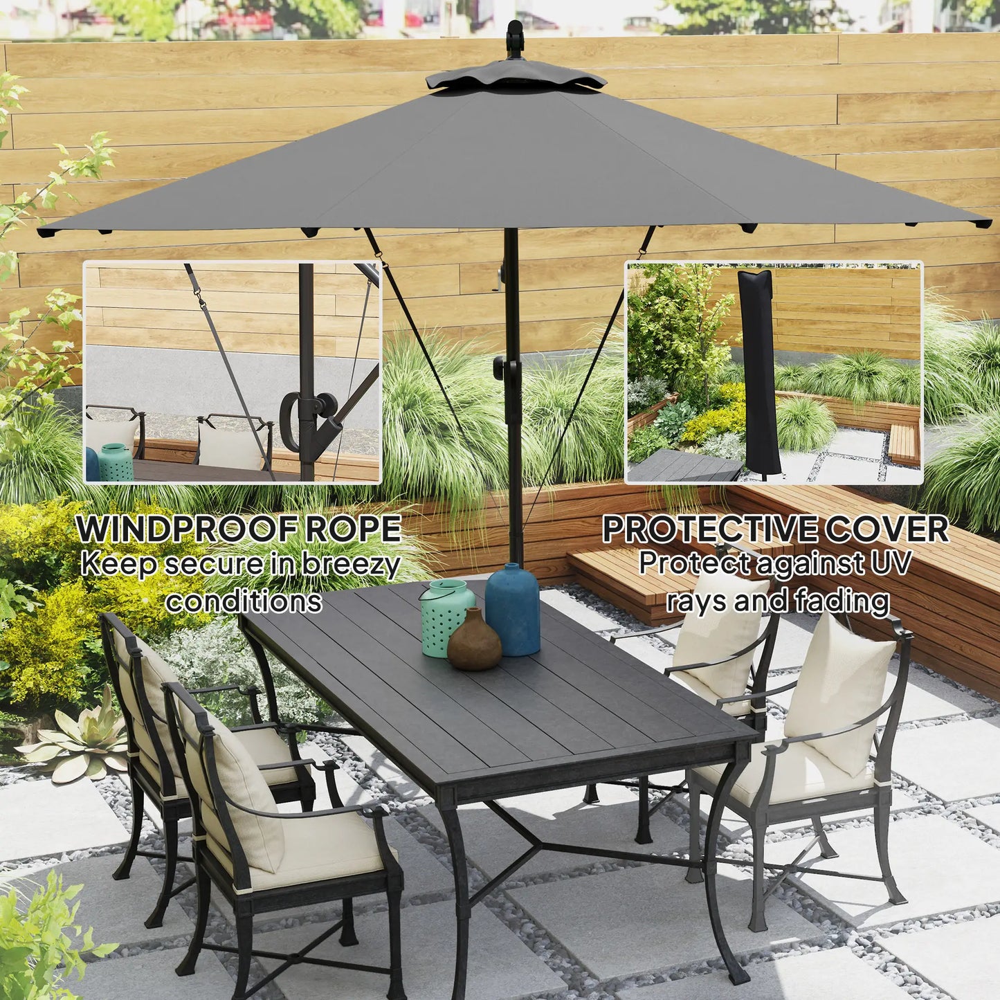 118.1" Patio Offset Umbrella, With Cover, Wind Strap, Crank, Tilt, UPF50+, Grey Offset Cantilever Umbrellas at Gallery Canada
