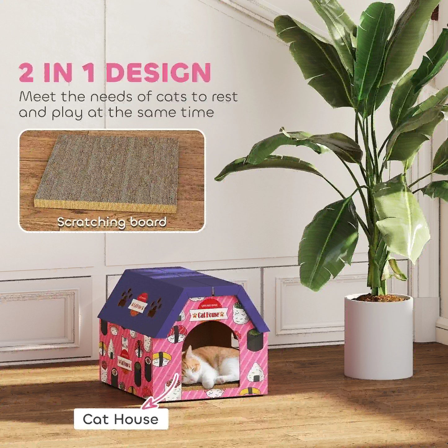 Cat Scratcher House, 2-in-1 Cardboard Scratching Pad with Door, Pink Cat Houses at Gallery Canada