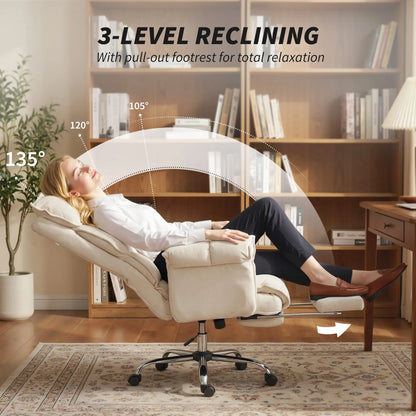 Desk Chair With Footrest, Adjustable Backrest, Cream White, Cream White