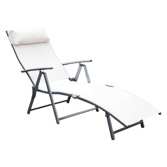 Heavy-duty Adjustable Folding Reclining Chair Outdoor Sun Lounger Patio Chaise Lounge Garden Beach Gravity Lounge with Pillow, 7 Adjustable Backrest Positions, Cream - Gallery Canada