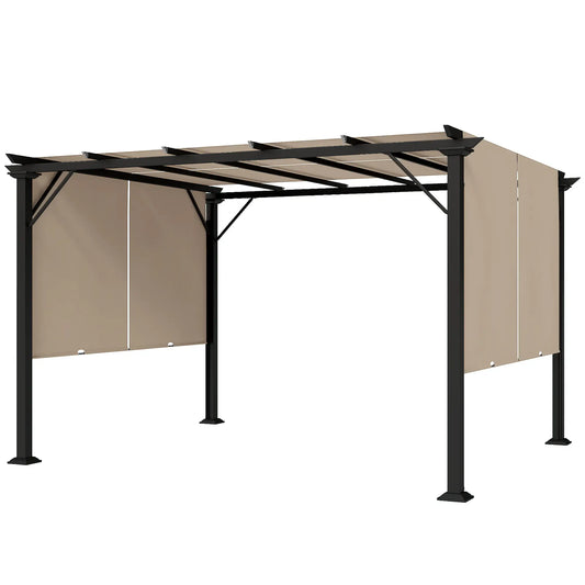 12' x 10' Outdoor Gazebo, Retractable Canopy, Steel Frame, Light Brown Pergolas Light Brown, Black at Gallery Canada