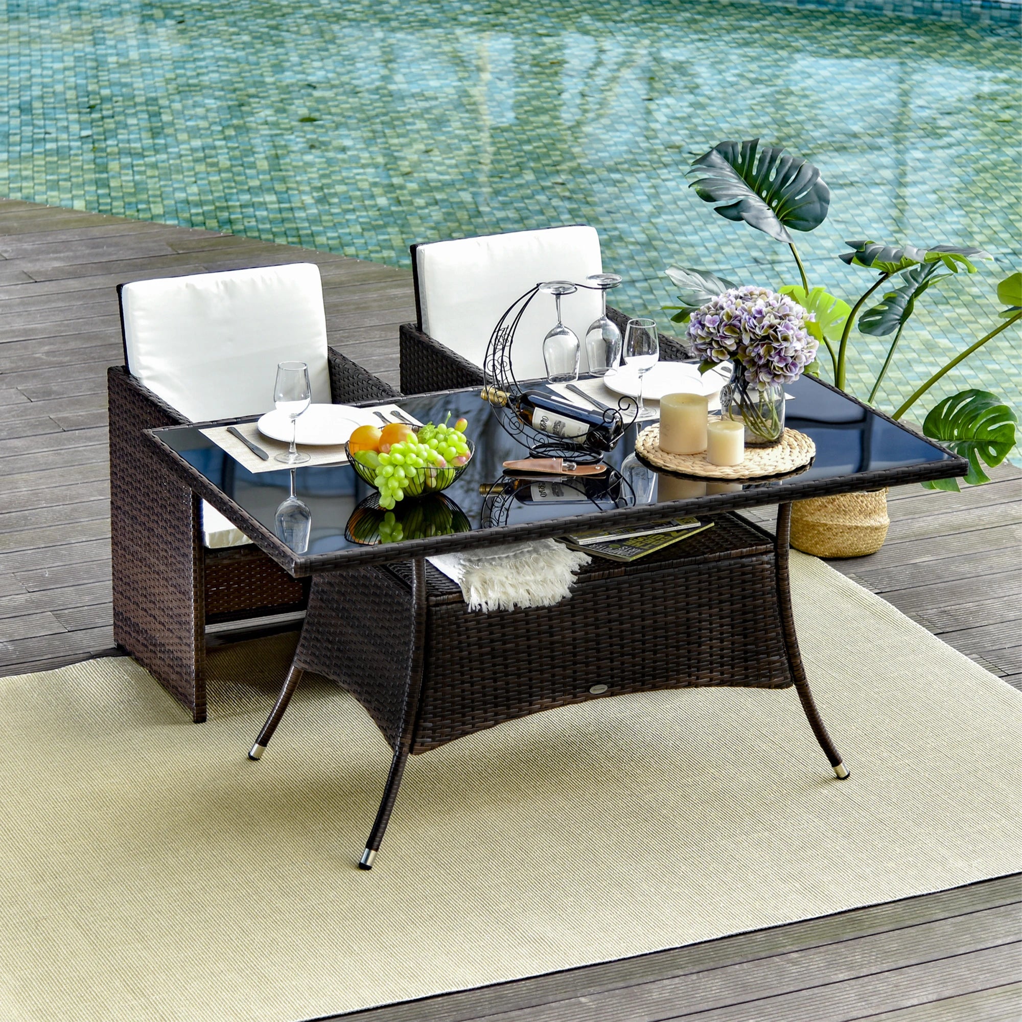 Rattan Dining Table with Glass Top, Storage Shelf, 59