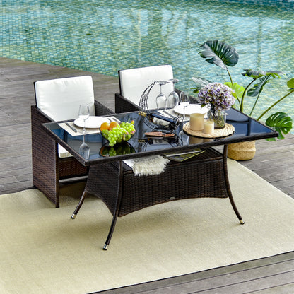 Rattan Dining Table with Glass Top, Storage Shelf, 59" x 34" x 29", Brown Patio Dinning Tables at Gallery Canada
