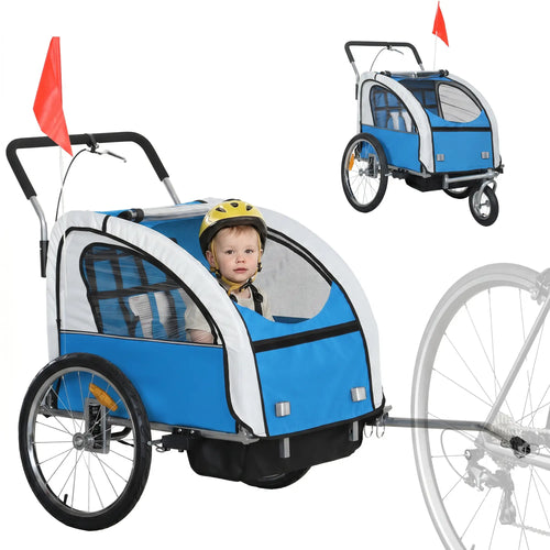 2-in-1 Bike Trailer for Kids, Foldable 2-Seat Stroller, Blue