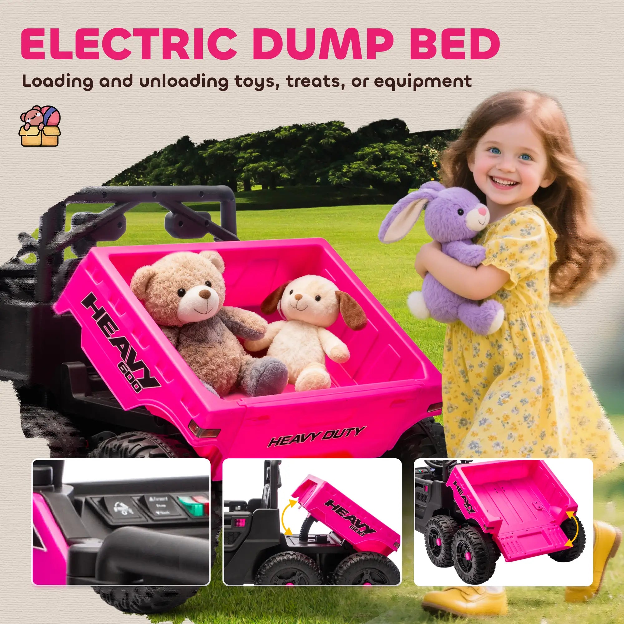 24V 4WD Kids Ride On Truck, 6 Wheels, 2 Seater, Remote, Dump Bed, Pink Electric Toy Cars at Gallery Canada