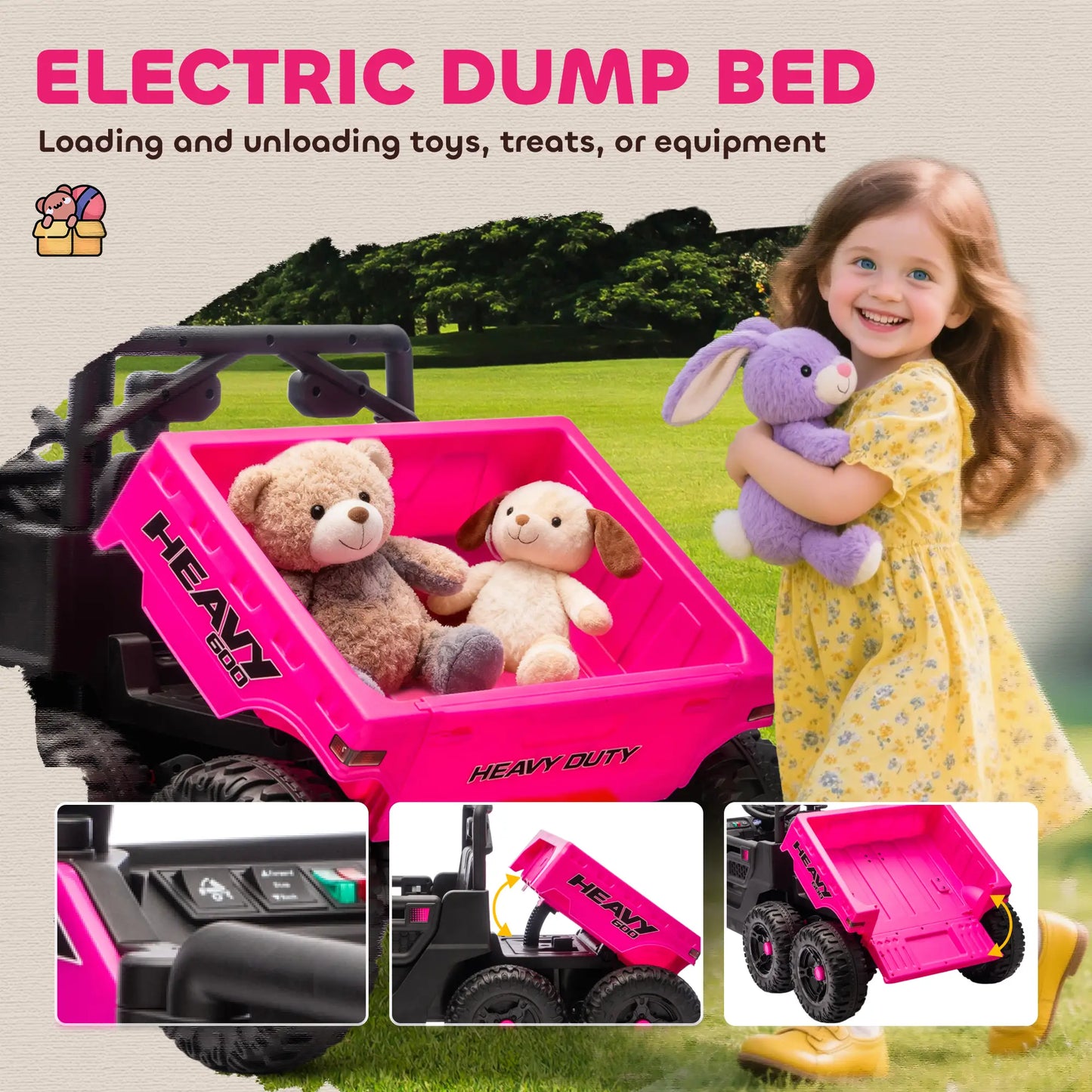 24V 4WD Kids Ride On Truck, 6 Wheels, 2 Seater, Remote, Dump Bed, Pink Electric Toy Cars at Gallery Canada