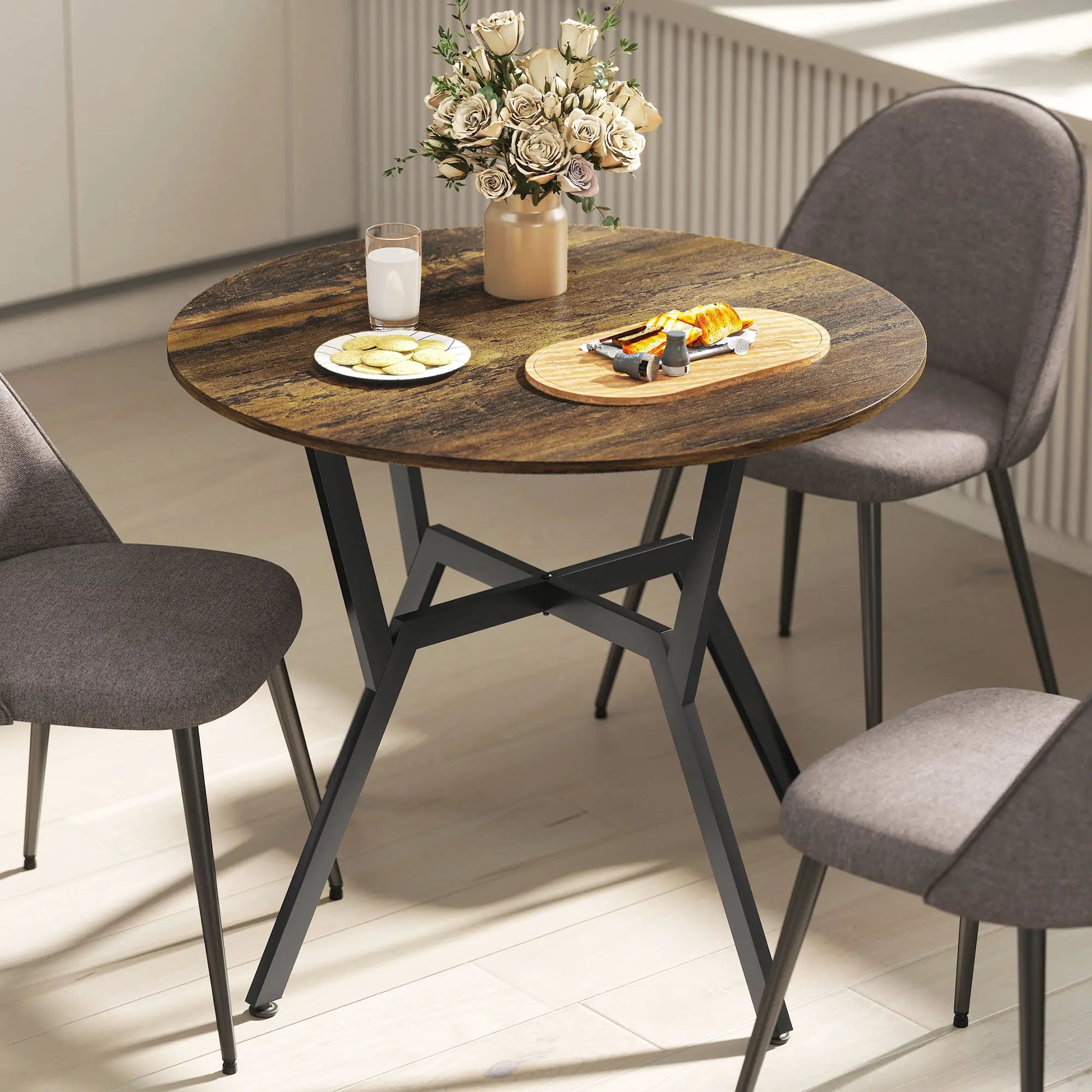 35 Inch Round Dining Table, Steel Frame, Rustic Brown Dining Tables at Gallery Canada
