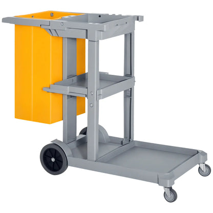 Janitorial Cart with 3 Shelves, Wheels, Rubbish Bag, Mop Holders, Grey Household Supplies at Gallery Canada