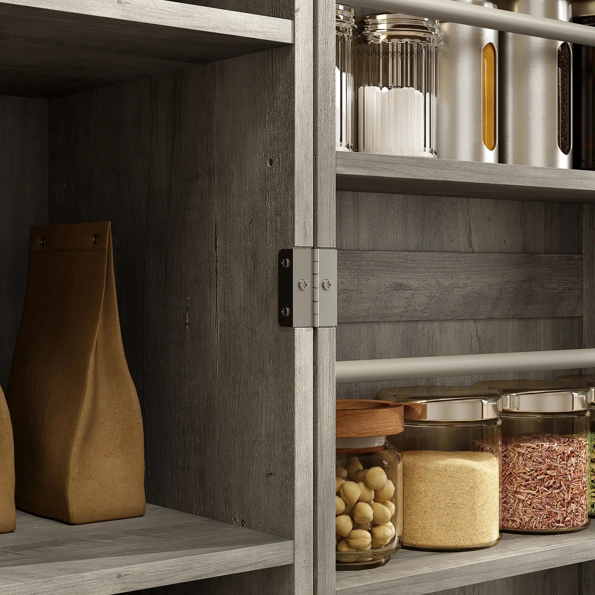 Farmhouse Kitchen Pantry Cabinet, Barn Doors, Adjustable Shelves, Distressed, Grey Storage Cabinets at Gallery Canada