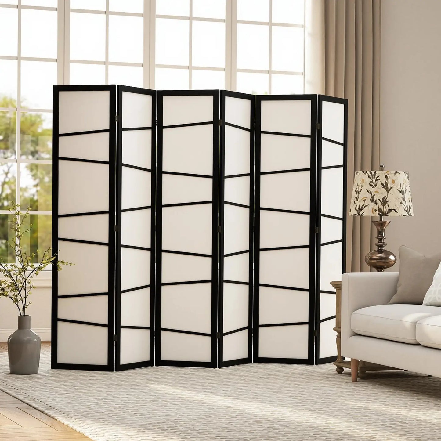 66.9" Folding Room Divider, 6 Panel Wood Frame Partition, White Room Dividers at Gallery Canada