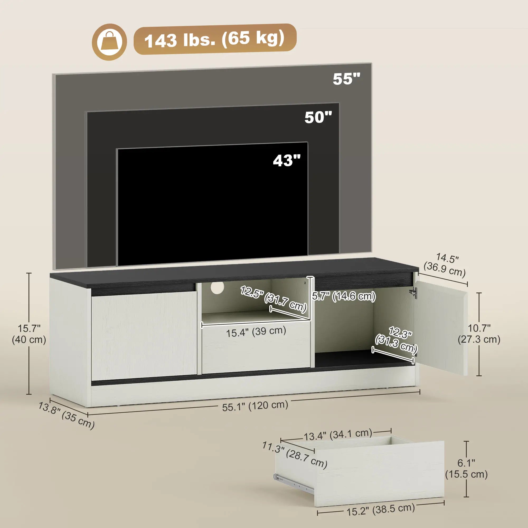 TV Stand For 43-55 Inch TV, Entertainment Center With Cabinets, White TV Stands at Gallery Canada