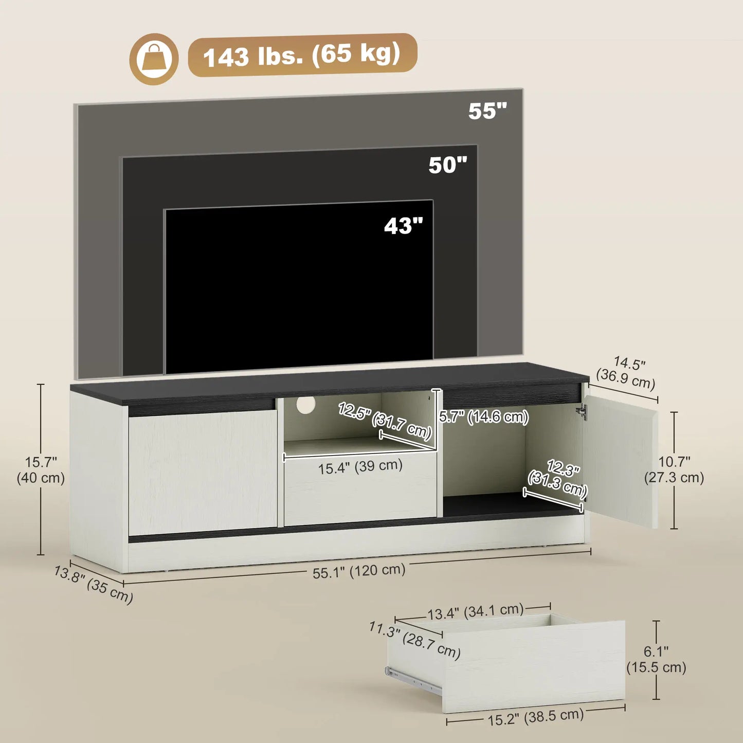 TV Stand For 43-55 Inch TV, Entertainment Center With Cabinets, White TV Stands at Gallery Canada