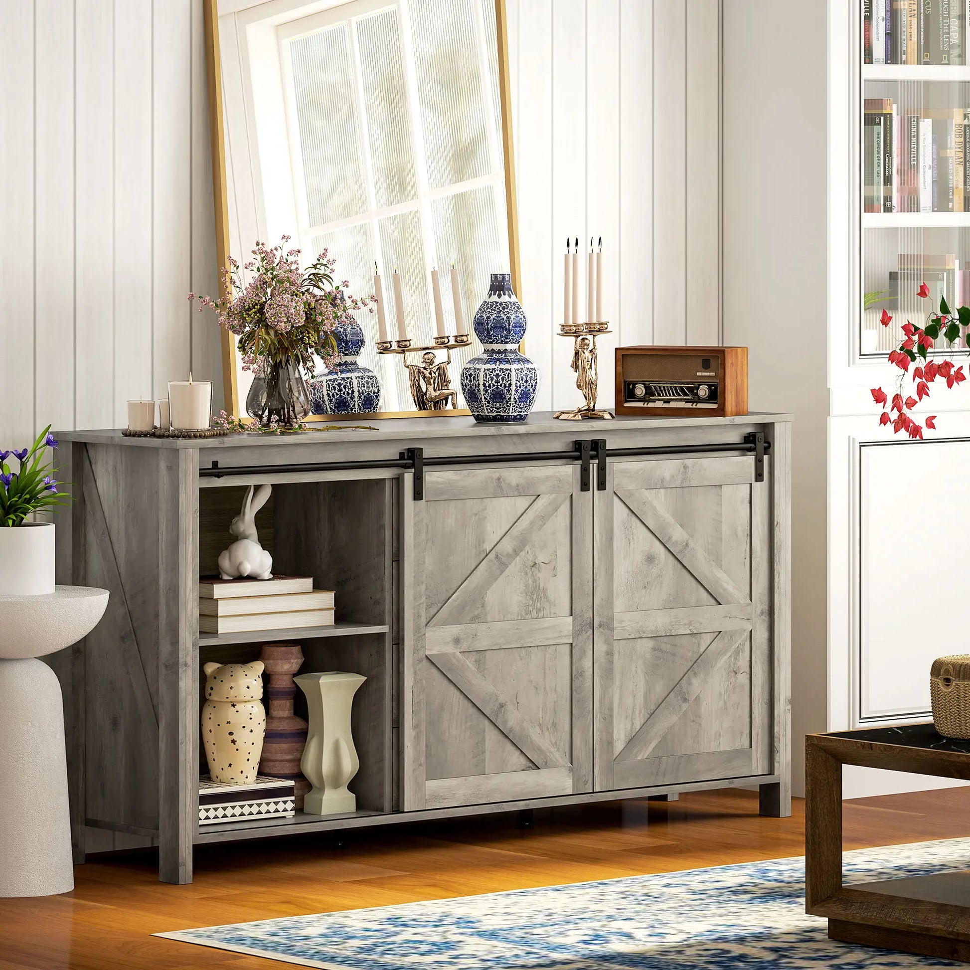 60" Buffet Cabinet, Farmhouse Sideboard, Sliding Barn Doors, Light Grey Bar Cabinets at Gallery Canada