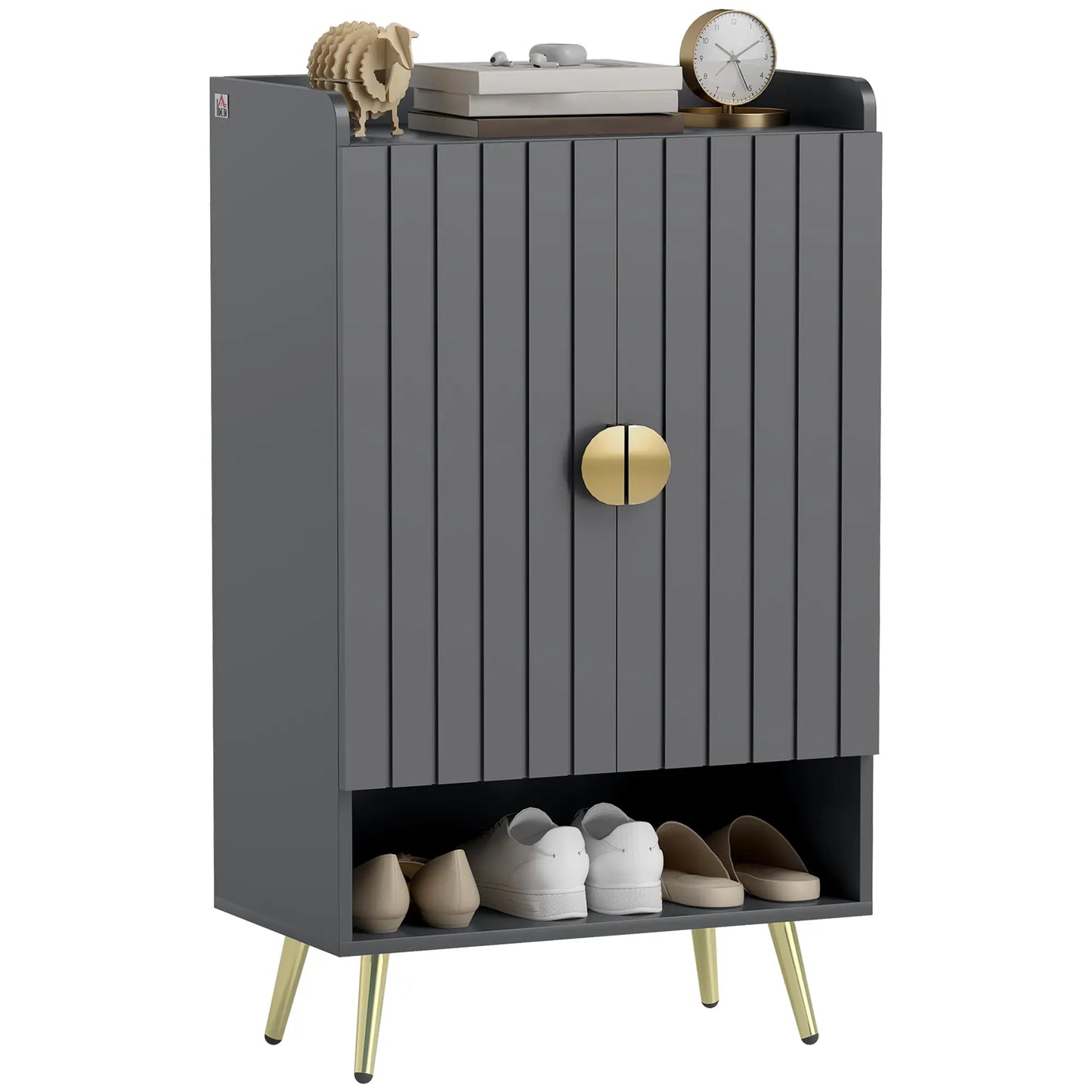 Narrow Shoe Storage Cabinet, Adjustable Shelves, Open Shelf, 15 Pairs, Grey Shoe Storage Cabinets & Racks Grey, Gold at Gallery Canada