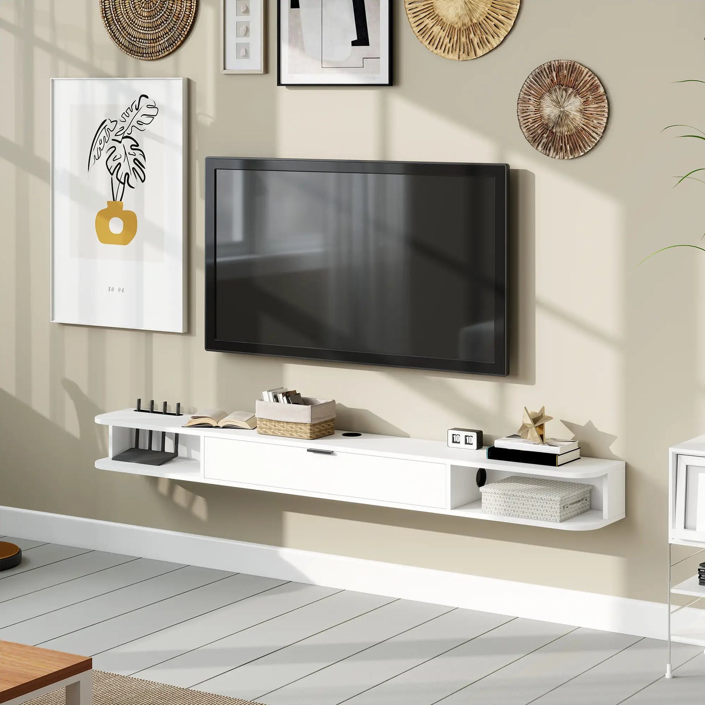 71 Inch Floating TV Stand, Wall Mounted Media Console, White TV Stands at Gallery Canada