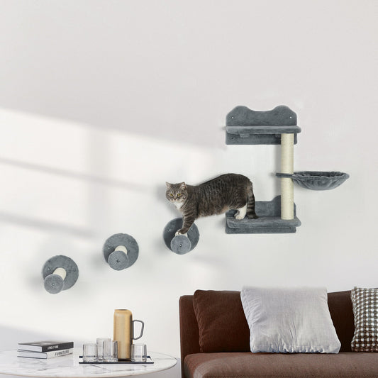4Pcs Cat Wall Shelf with Scratching Posts, Hammock, Setps, Platforms, Cat Shelves for Relaxing, Sleeping, Jumping, Cat Wall Climber for Indoor Cats, Grey - Gallery Canada