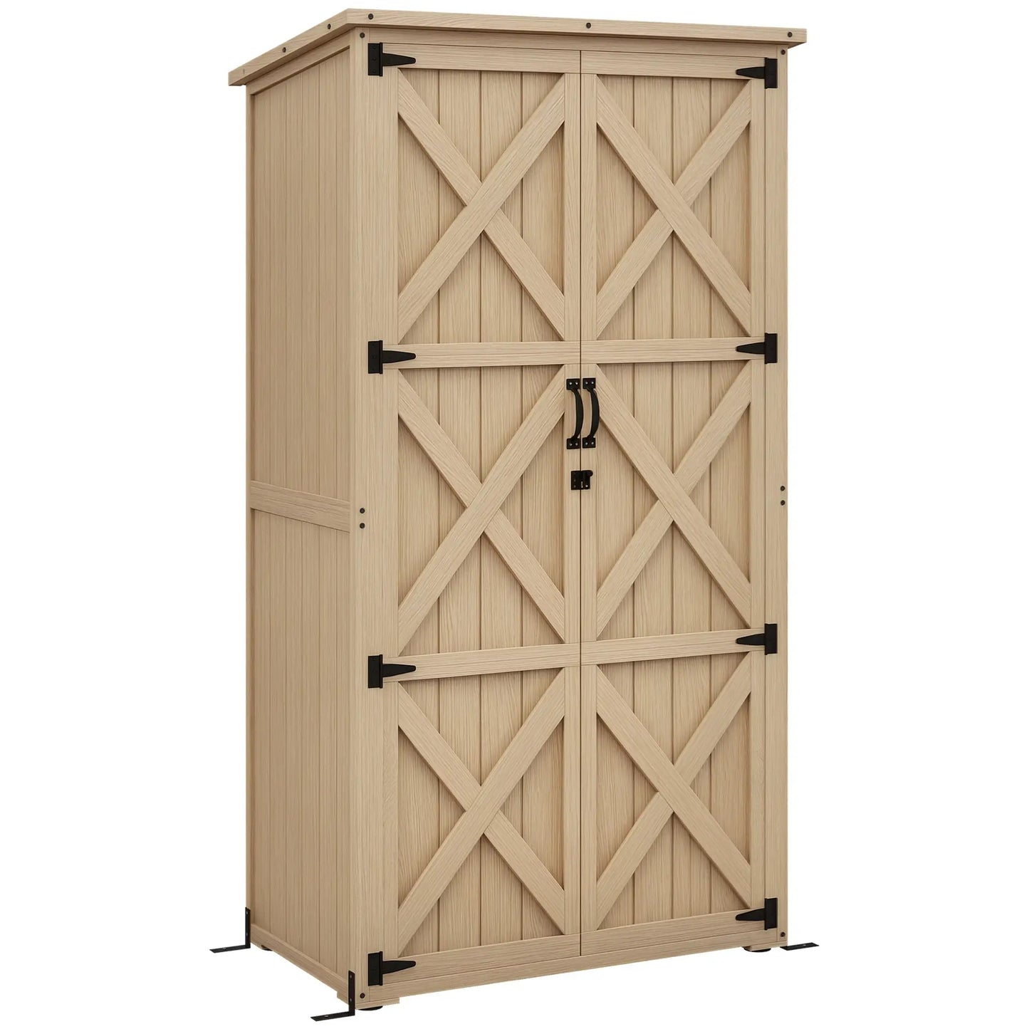 Wooden Outdoor Storage Cabinet, Garden Shed, Waterproof Asphalt Roof, Lockable Doors, Natural