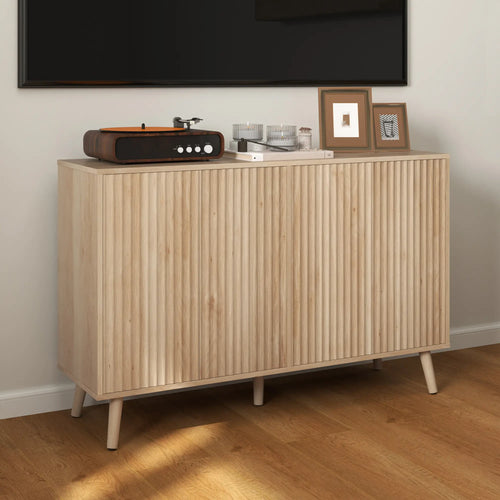 Modern Fluted Buffet Cabinet, Adjustable Shelves, Wood Legs, Oak