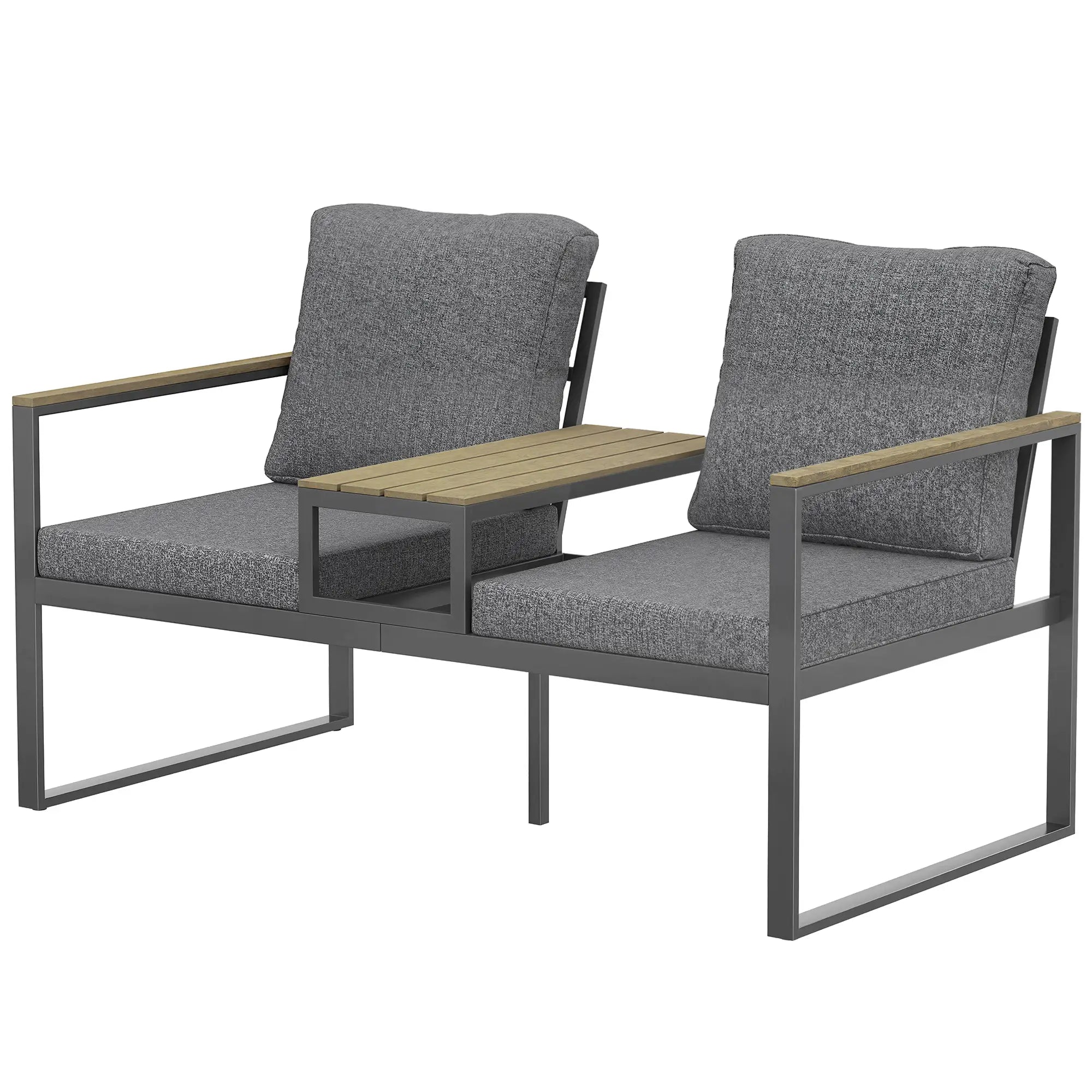 Outdoor Garden Bench With Integrated Table, 2 Seater Patio Loveseat, 136 cm, Grey Outdoor Benches Dark Grey, Light Grey at Gallery Canada