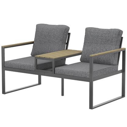 Outdoor Garden Bench With Integrated Table, 2 Seater Patio Loveseat, 136 cm, Grey Outdoor Benches Dark Grey, Light Grey at Gallery Canada