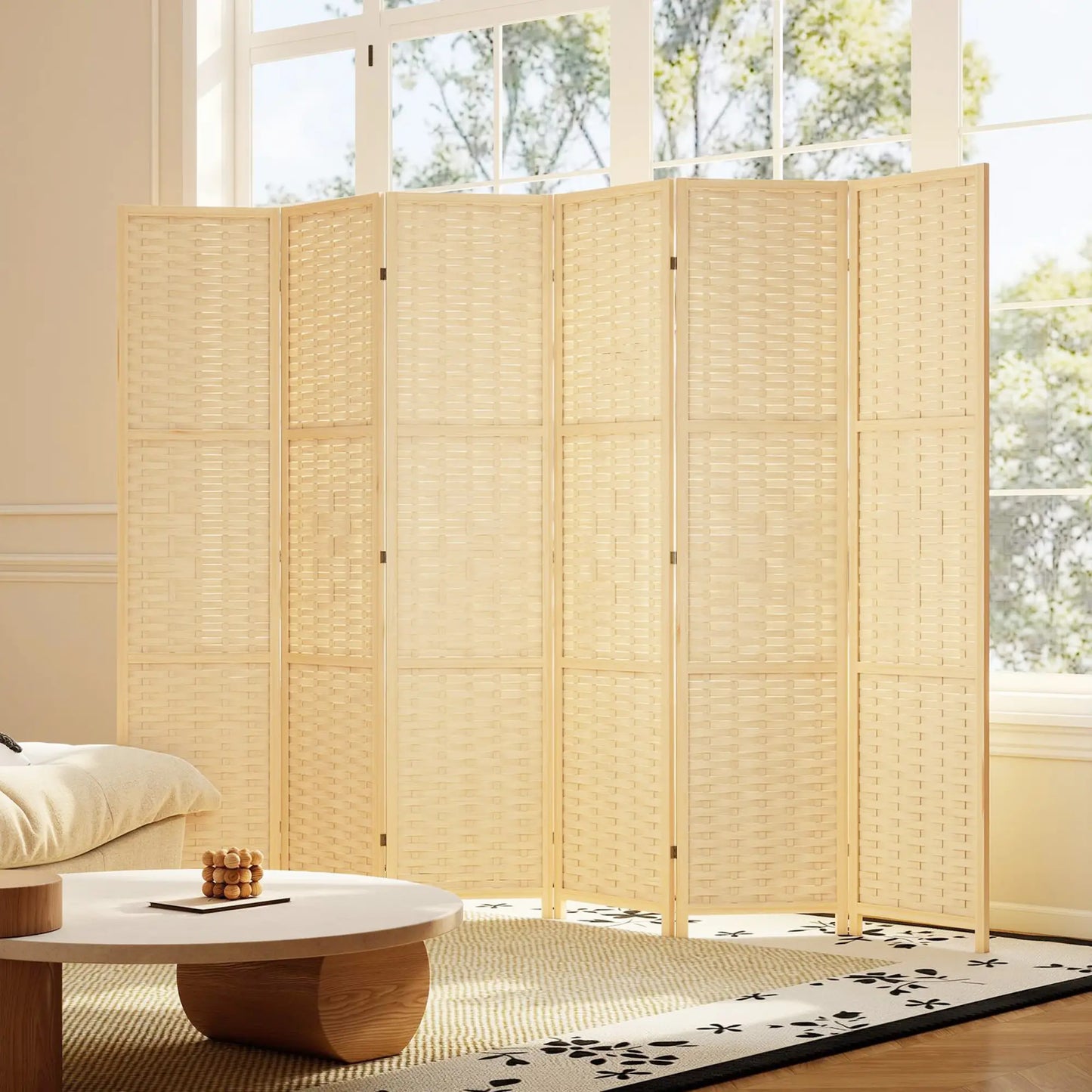 6-Panel Room Divider, 5.6 FT Freestanding Folding Privacy Screen, Natural Wood Room Dividers at Gallery Canada