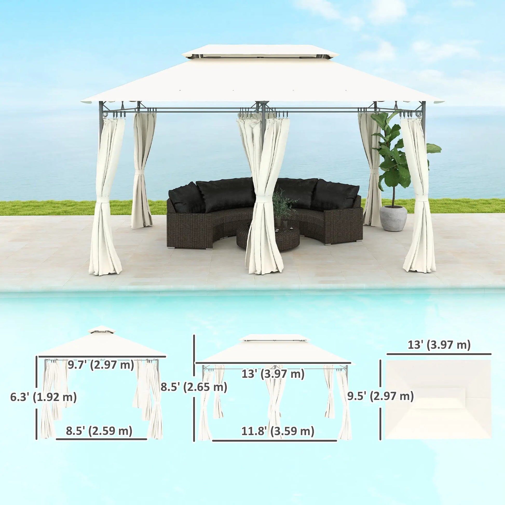 10' x 13' Double Roof Patio Gazebo, Outdoor with Curtains, Cream White Gazebos at Gallery Canada
